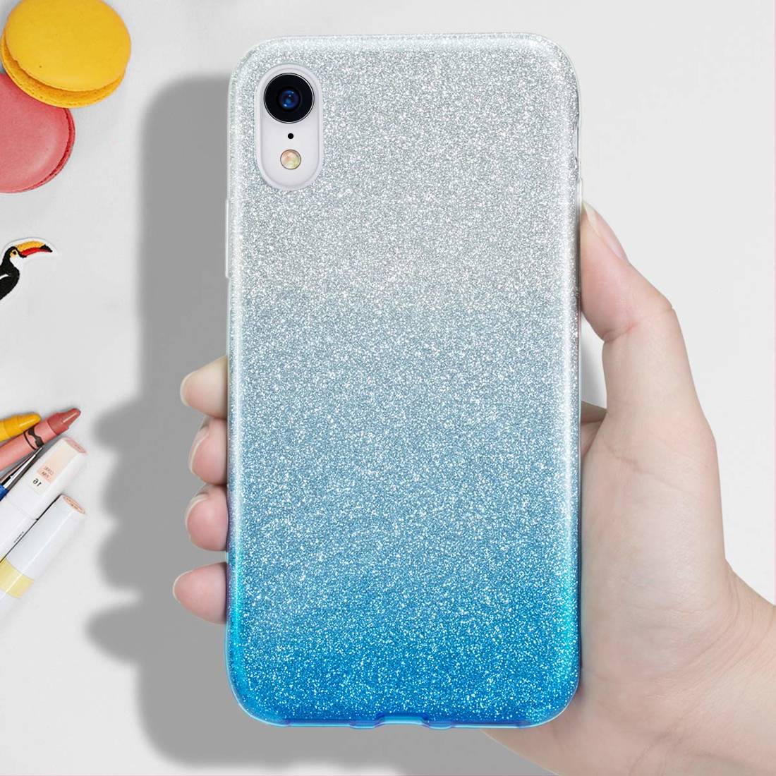 Kryt Huawei P40 Lite E třpytky stříbrná/modrá