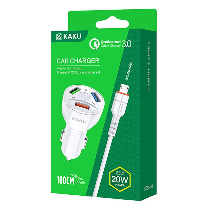 Nabíječka do auta 20W 4,8A QC3.0 3xUSB + micro USB KAKU Tříportová rychlonabíjení 3.0 Nabíječka do auta s kabelem micro USB (KSC-493) bílá