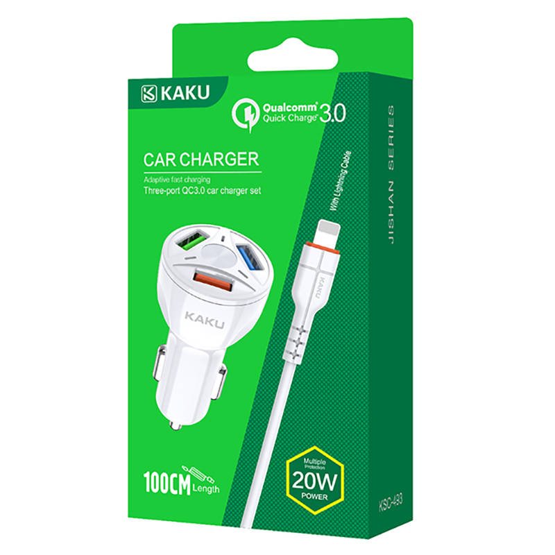Nabíječka do auta 20W 4,8A QC3.0 3xUSB + kabel iPhone Lightning KAKU Tříportová rychlonabíjení 3.0 Nabíječka do auta s kabelem lightning (KSC-493) bílá
