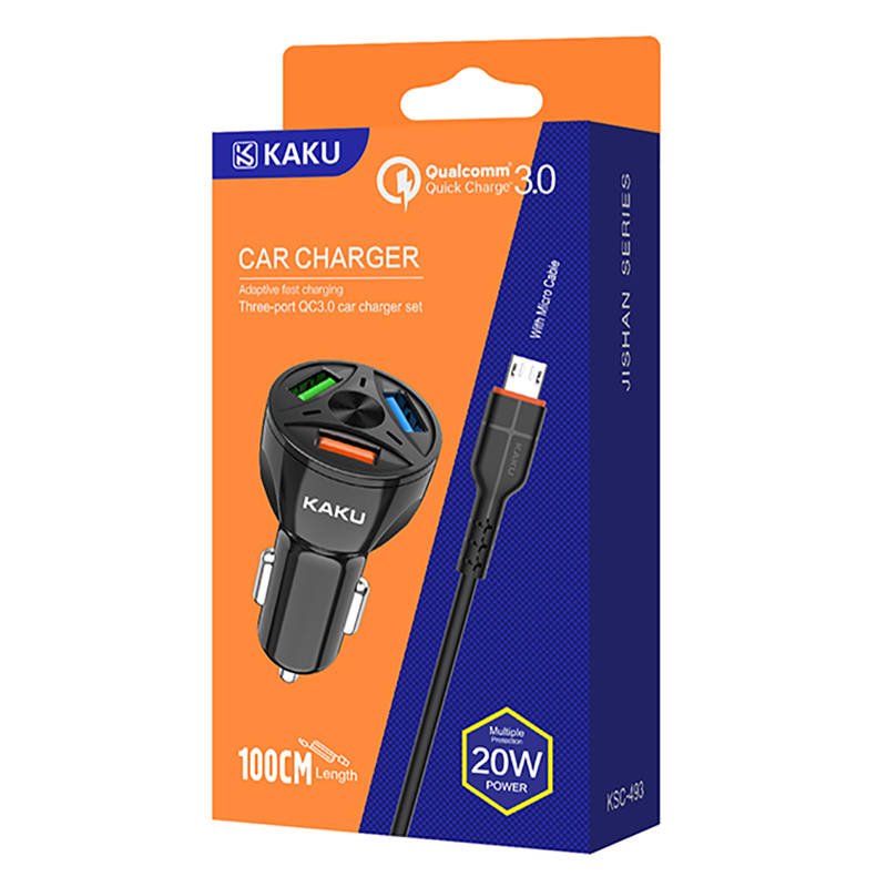 Nabíječka do auta 20W 4,8A QC3.0 3xUSB + kabel micro USB KAKU Tříportová rychlonabíjení 3.0 Nabíječka do auta s kabelem Micro USB (KSC-493) černá