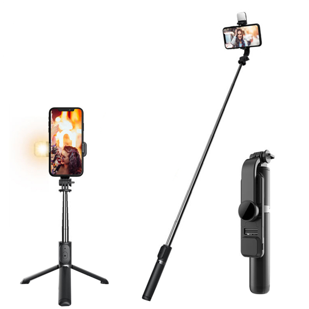 Selfie tyč Tripod Techsuit Q02S Skládací stabilní stativ s LED a dálkovým ovládáním Bluetooth, 105 cm - černý