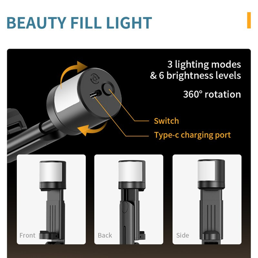 Selfie tyč Tripod Techsuit Q12S Stabilní držák na stativ s dálkovým ovládáním Bluetooth a LED světlem, 77 cm – černý