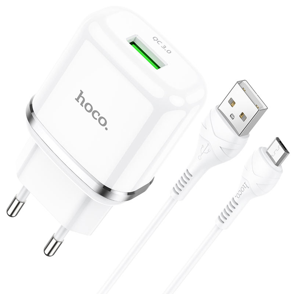 Nabíječka do sítě USB 18W QC3.0 3A + kabel Micro USB 1m HOCO N3 Rychlé nabíjení Micro USB bílá