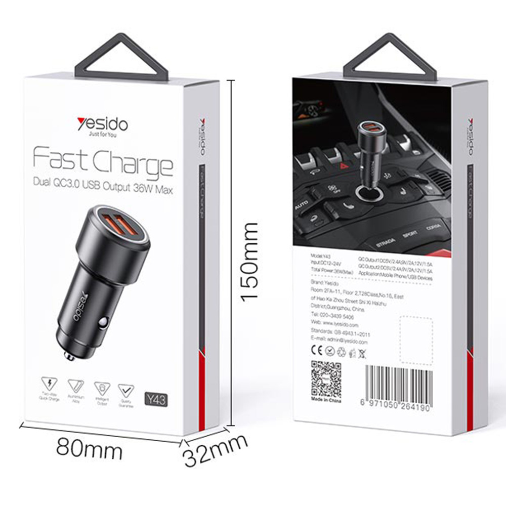 Nabíječka do auta Yesido (Y43) - 2xUSB, QC 3.0 36W - černá