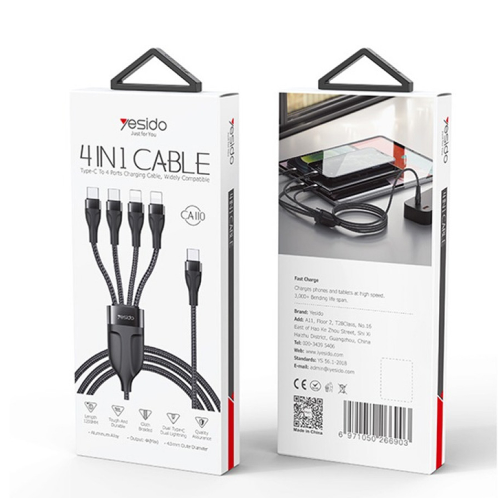Datový kabel 4v1 Yesido (CA110) - Type-C to 2 x Lightning, 2 x USB-C, 1.2m, 4A - černý