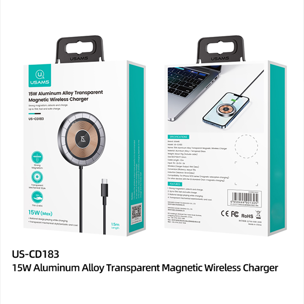 Bezdrátová nabíječka USAMS (US-CD183) – Hliníková slitina Transparent Magnetic, 15W – Černá