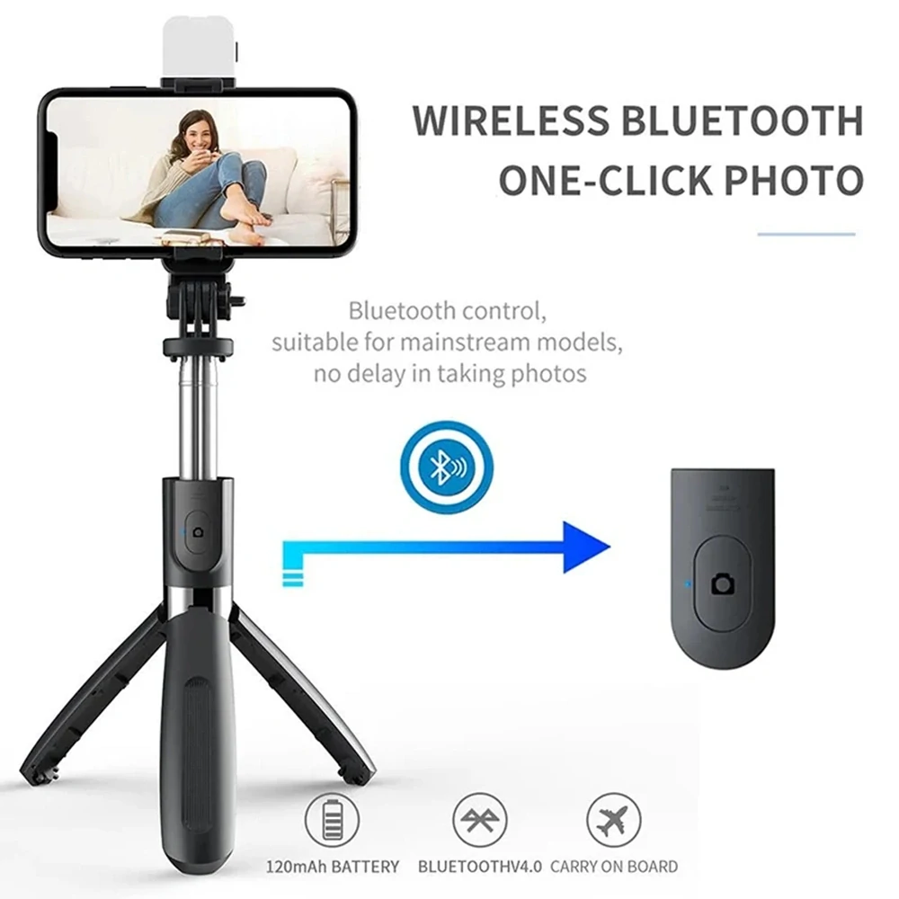 Selfie tyč Tripod Techsuit (L02s) - Stabilní stativ s dálkovým ovládáním Bluetooth a výplňovým světlem, nerezová ocel, 104 cm - černá