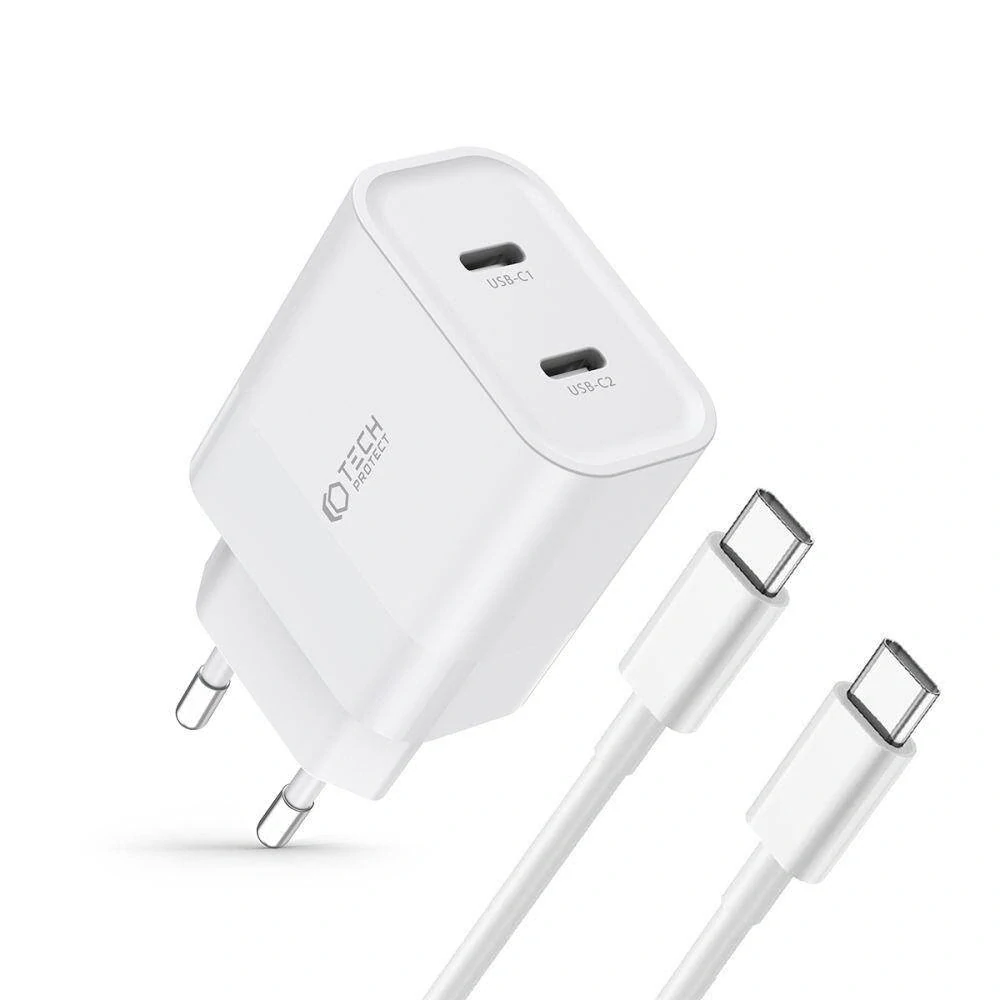 Síťová nabíječka PD 20W 2x USB-C + kabel USB-C Tech-Protect C20W bílá