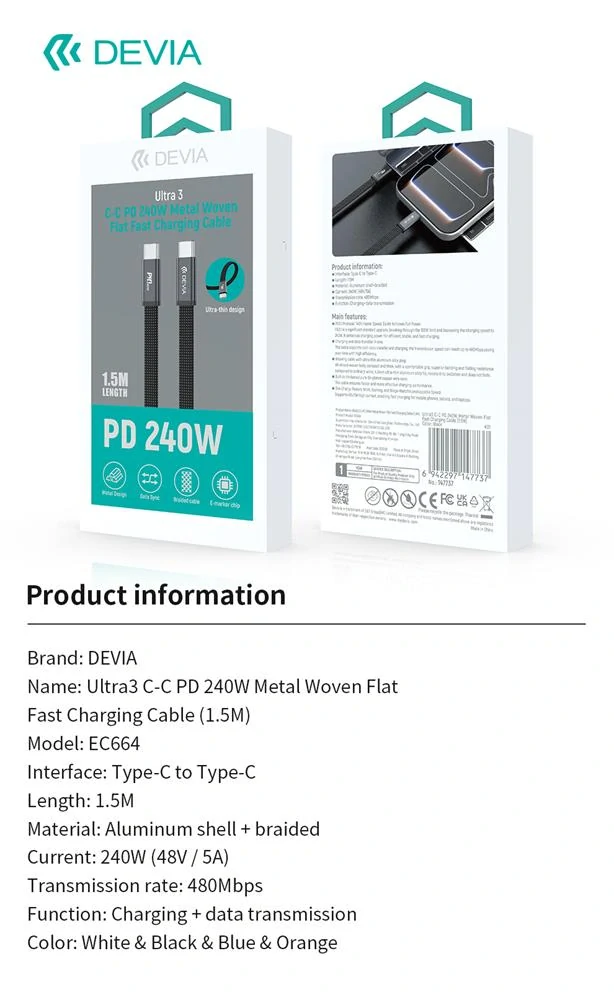 Datový kabel Devia Smart EC325 PD USB-C - USB-C 1,0 m 60W 3A modrý