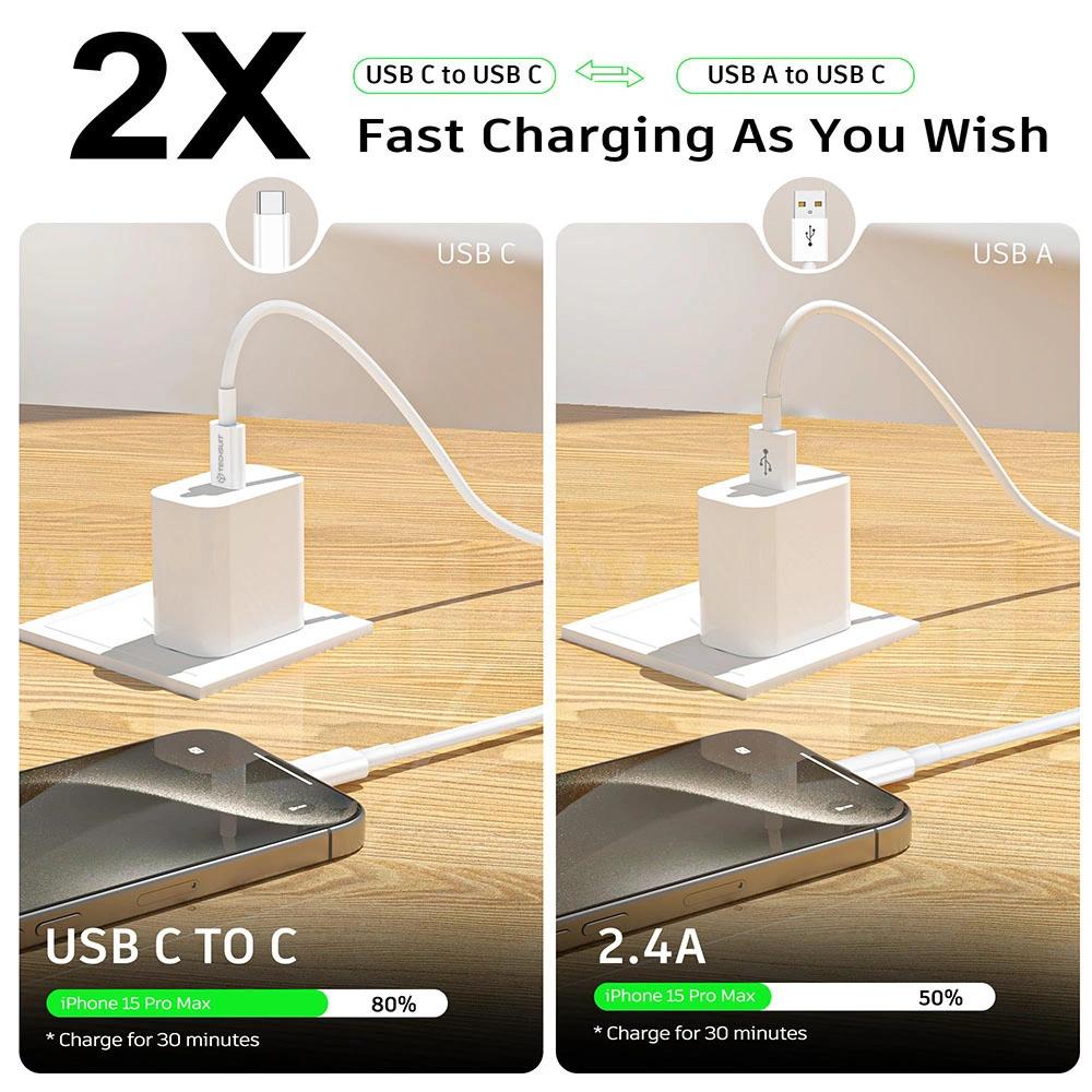 Datový kabel Techsuit Type-C na Type-C, 60W, 480Mbps, 1m - bílý
