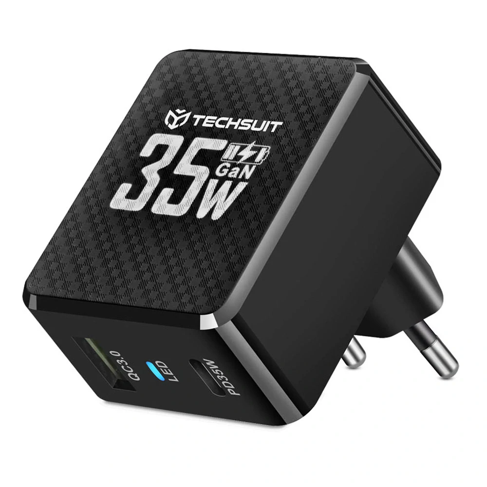Nabíječka do sítě Techsuit Tiny Series - GaN, USB, Type-C, 35W - černá