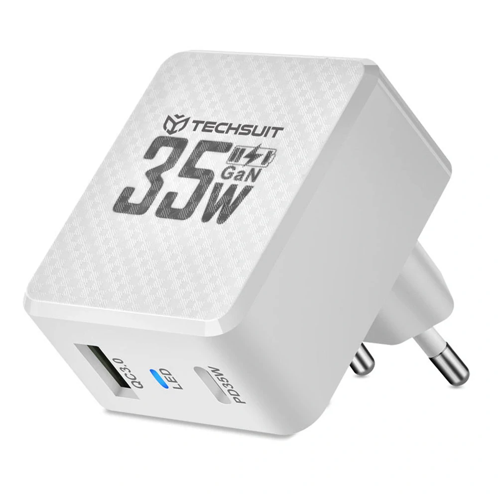 Nabíječka do sítě Techsuit Tiny Series - GaN, USB, Type-C, 35W - bílá