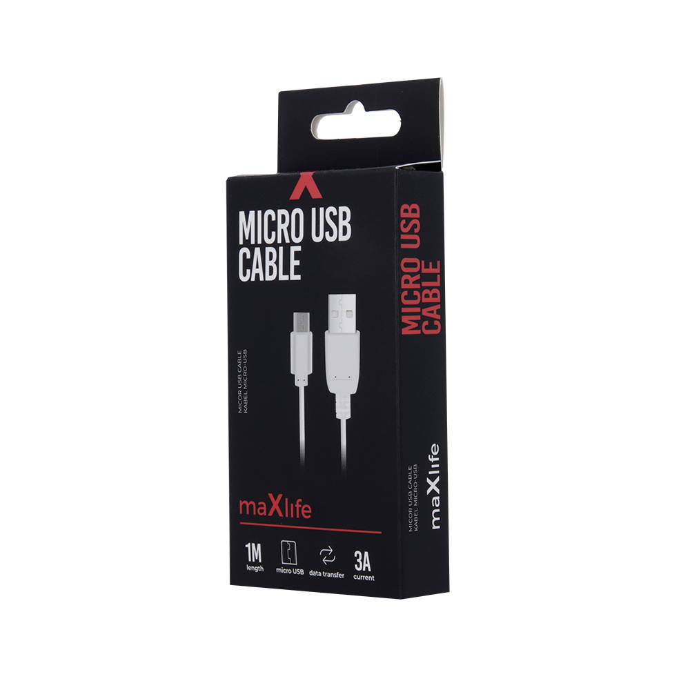 Datový kabel micro USB 3A, 1m, Maxlife, bílý