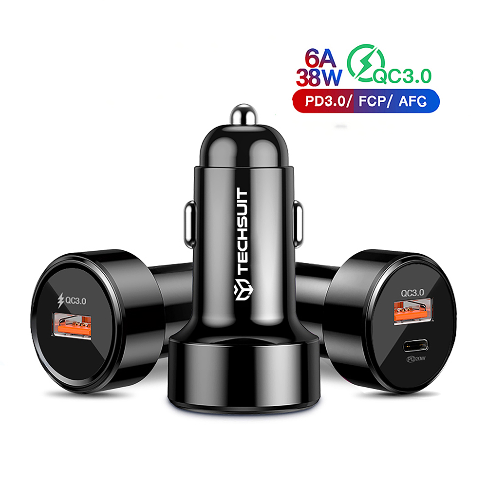 Nabíječka do auta Techsuit (CAPD028) - USB-A, QC 3.0 and USB-C, 38W - černá