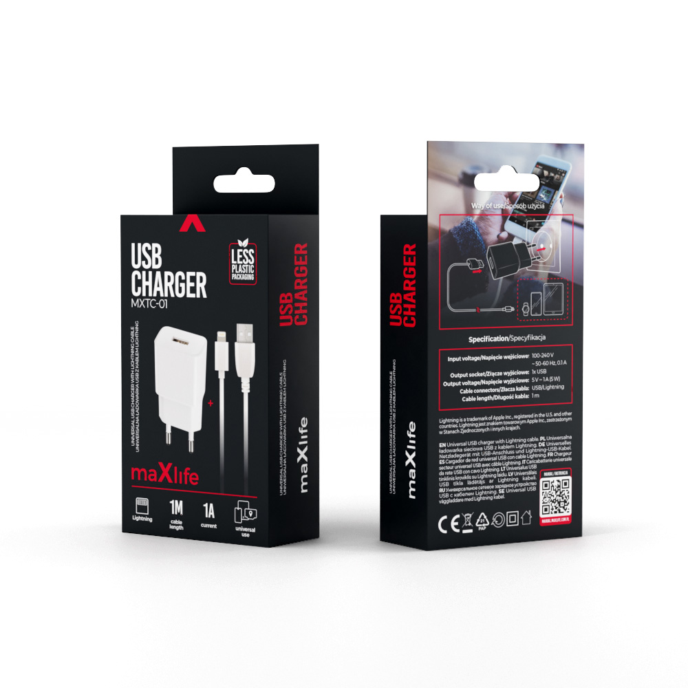 Nabíječka do sítě Maxlife MXTC-01 1x USB 1A bílá + Lightning kabel