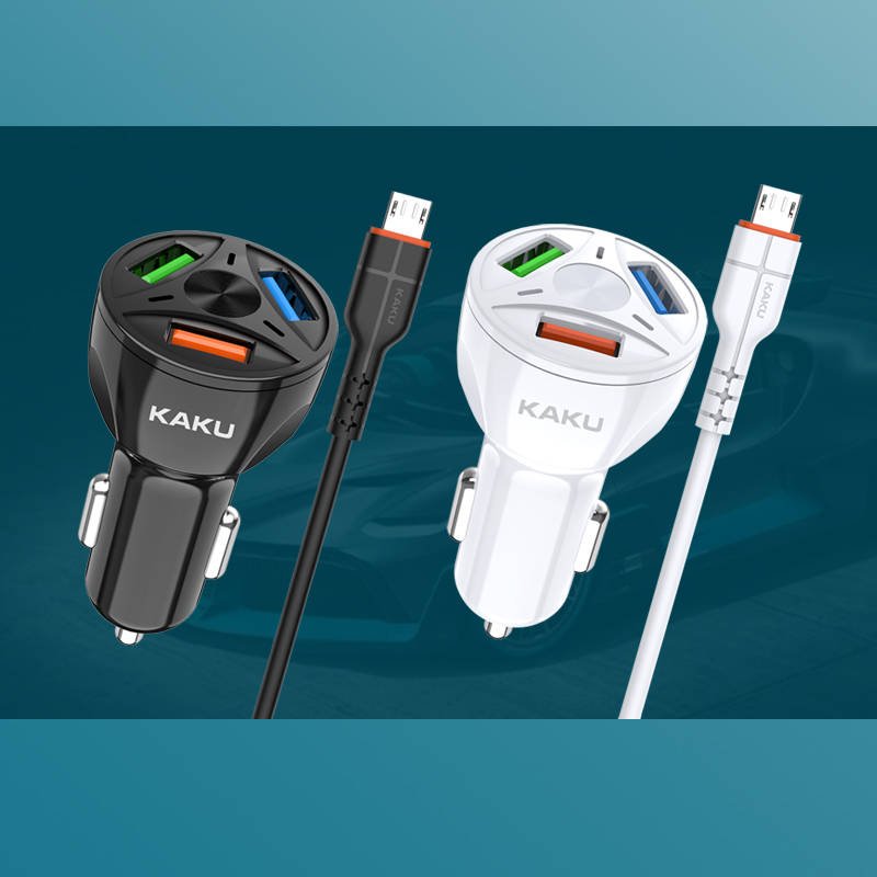 Nabíječka do auta 20W 4,8A QC3.0 3xUSB + micro USB KAKU Tříportová rychlonabíjení 3.0 Nabíječka do auta s kabelem micro USB (KSC-493) bílá