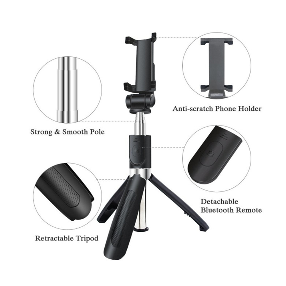 Selfie tyč Tripod Techsuit L01 Stabilní držák na stativ s výsuvným ramenem, dálkové ovládání Bluetooth, 70 cm – černý