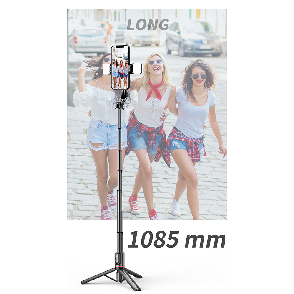 Selfie tyč Tripod Techsuit L12D  Stabilní stativ s dálkovým ovládáním Bluetooth, 2x odnímatelné LED světlo, 108 cm - černý