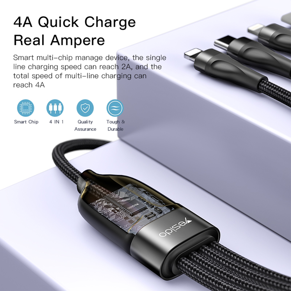 Datový kabel 4v1 Yesido (CA110) - Type-C to 2 x Lightning, 2 x USB-C, 1.2m, 4A - černý
