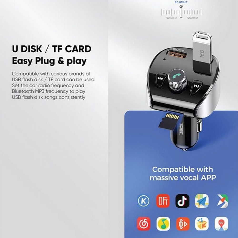 FM modulátor s nabíječkou do auta JoyRoom (JR-CL02) - 2 x USB, MicroSD, s LED displejem, - černý