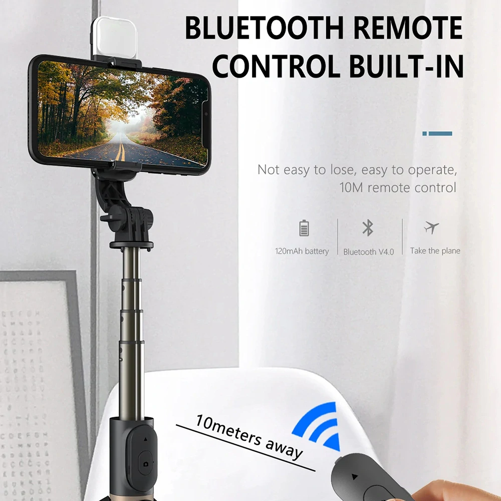 Selfie tyč Tripod Techsuit (Q03s) – Stabilní stativ s dálkovým ovládáním Bluetooth a výplňovým světlem, hliníková slitina, 76 cm – černá
