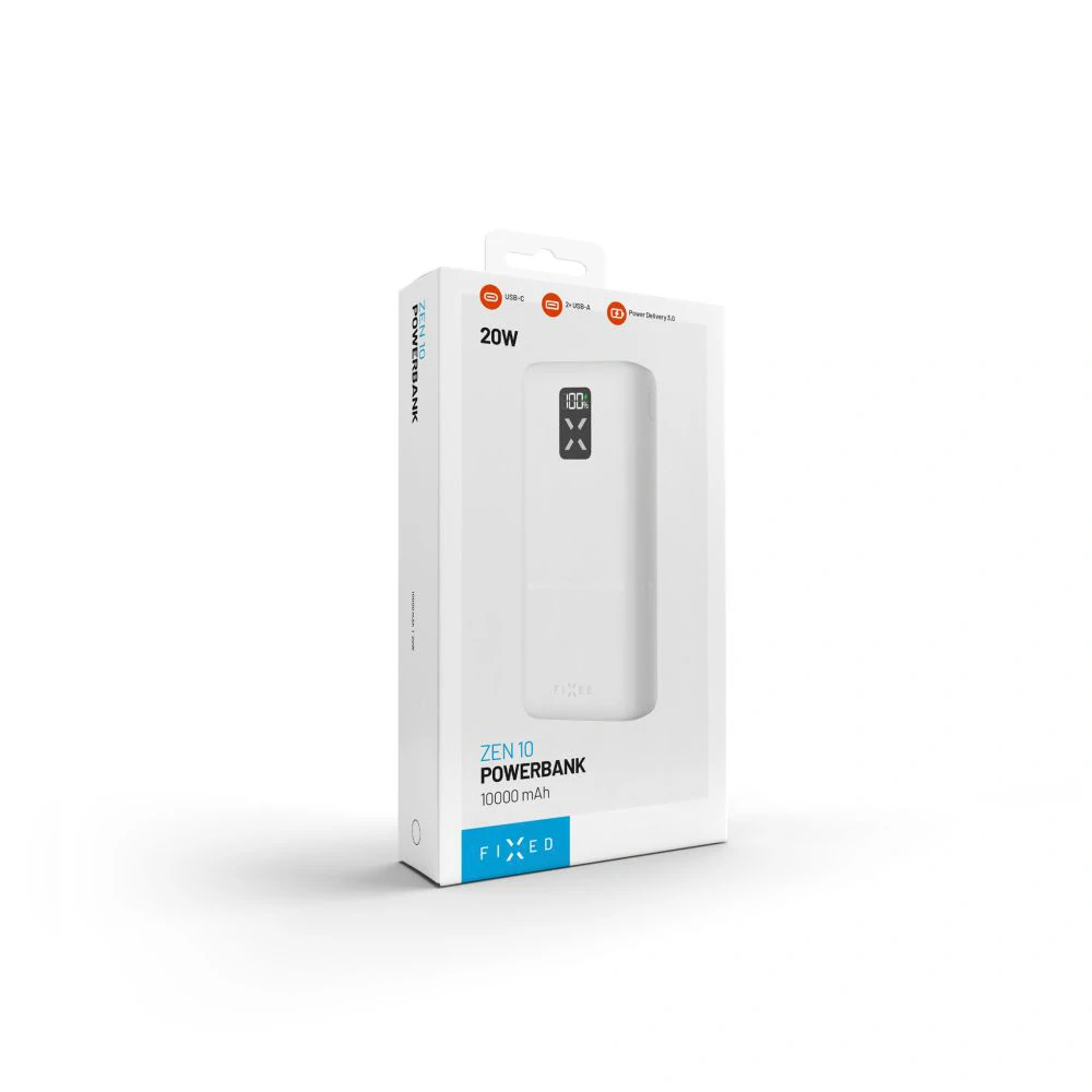 Powerbanka FIXED Zen 10 s LCD displejem a výstupem PD 20W, 10 000 mAh, bílá