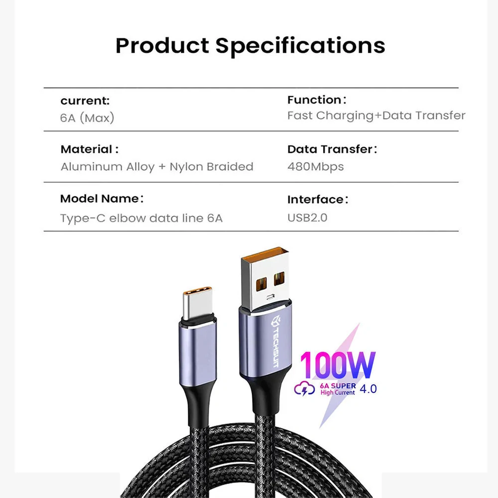 Datový kabel Techsuit (PCB018) USB-A na USB-C, 100W, 480Mbps, 6A, 1m - černý