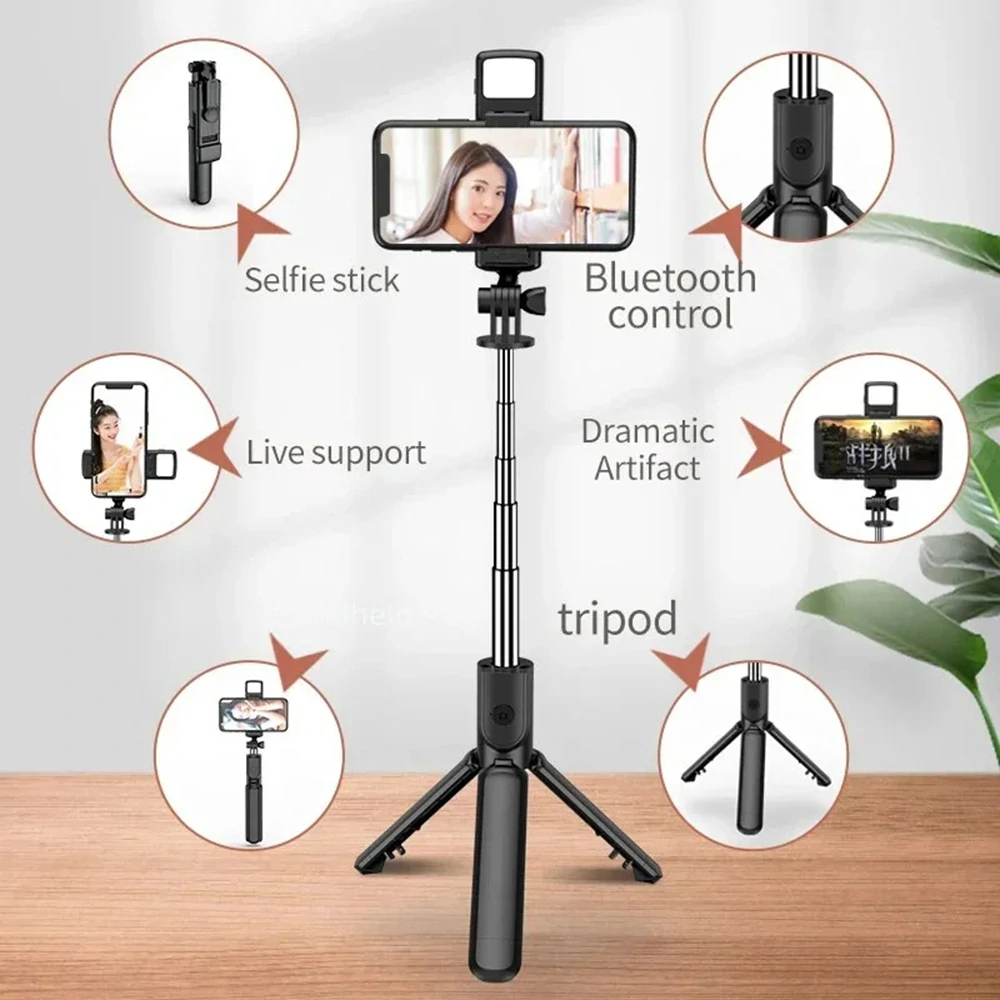 Selfie tyč Tripod Techsuit S03-S dálkové ovládání, LED světlo, 67 cm - Černá
