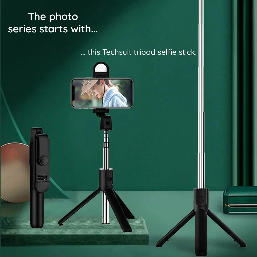 Selfie tyč Tripod Techsuit S05-S, dálkové ovládání, LED světlo, 105 cm - černá
