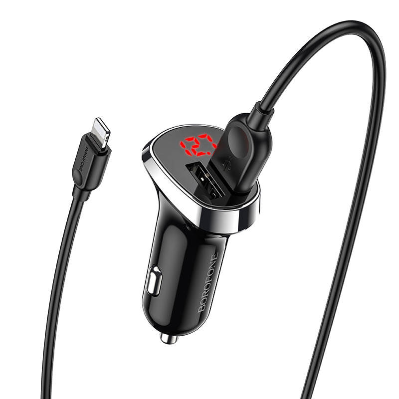 Nabíječka do auta 2,4A 2xUSB s LCD displejem + Lightning kabel 1m Borofone BZ15 černá