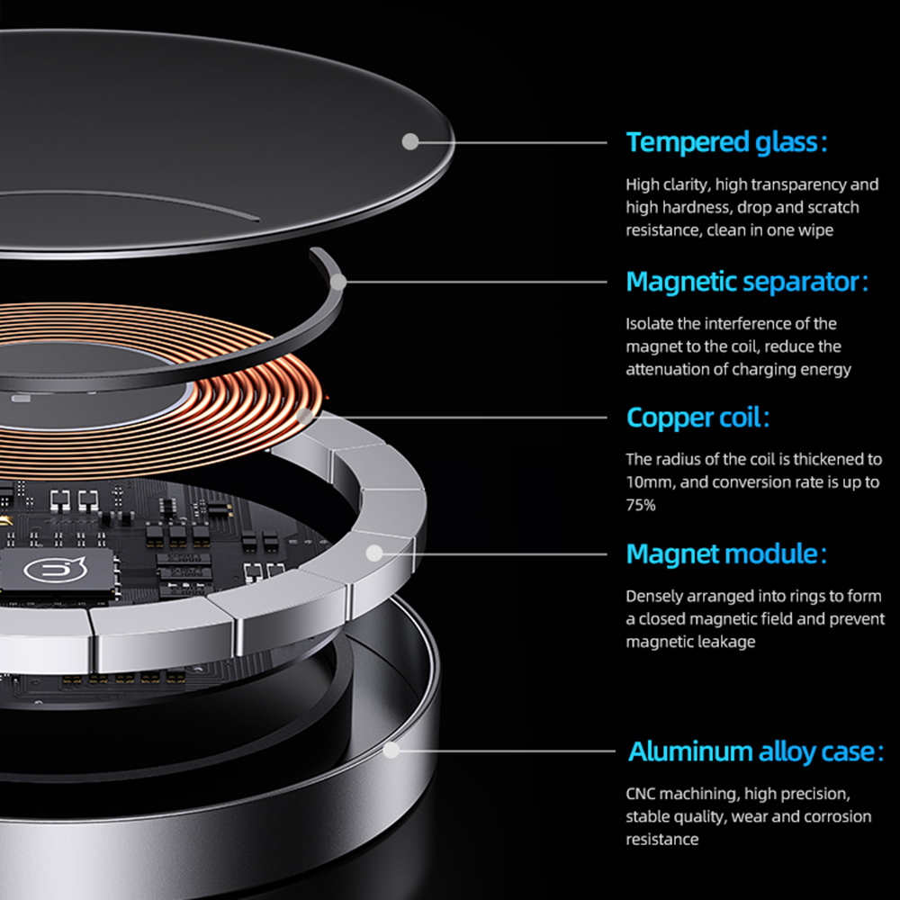 Bezdrátová nabíječka USAMS (US-CD183) – Hliníková slitina Transparent Magnetic, 15W – Černá