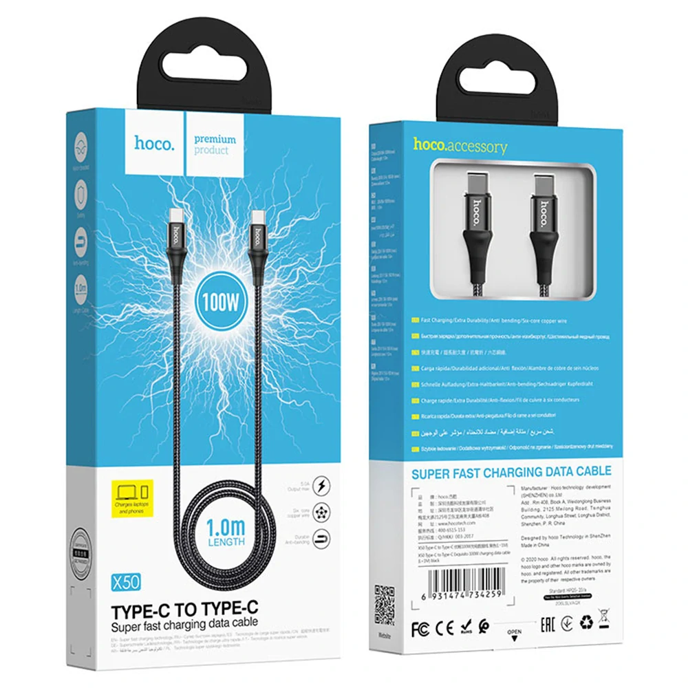 Datový kabel Hoco Exquisito (X50) – USB Type-C na USB Type-C, PD 100W, 5A, 1m – černý