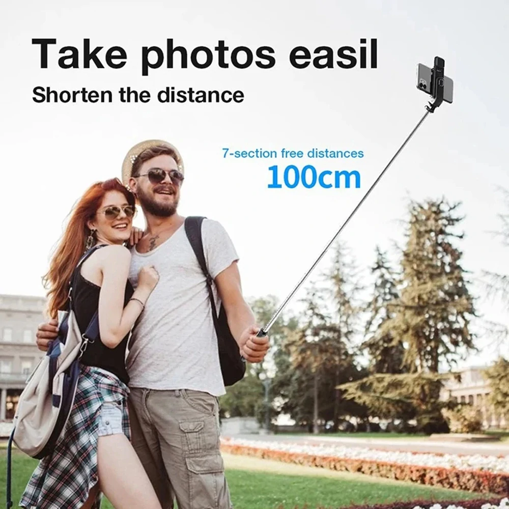 Selfie tyč Tripod Techsuit (L02s) - Stabilní stativ s dálkovým ovládáním Bluetooth a výplňovým světlem, nerezová ocel, 104 cm - černá