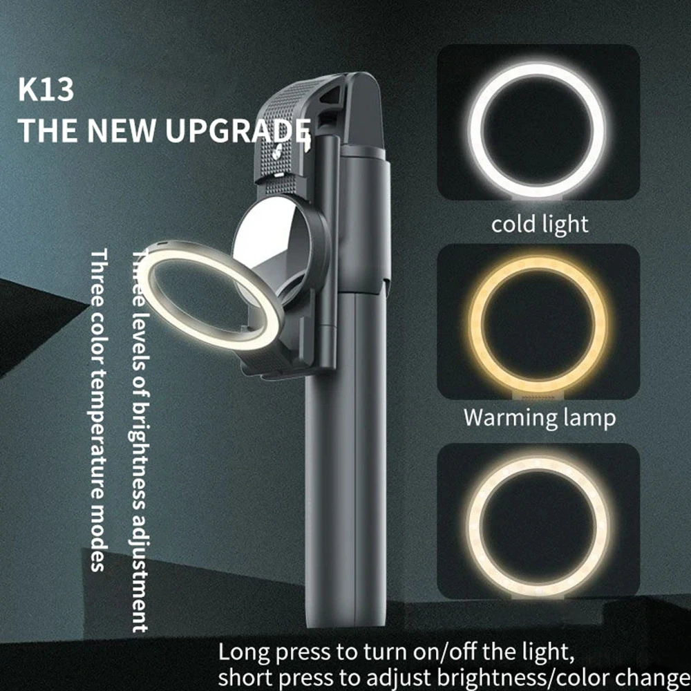 Selfie tyč Tripod Techsuit (K13) – Kompaktní držák na stativ s dálkovým ovládáním Bluetooth, LED Beauty Light, skládací, 84 cm – Černá