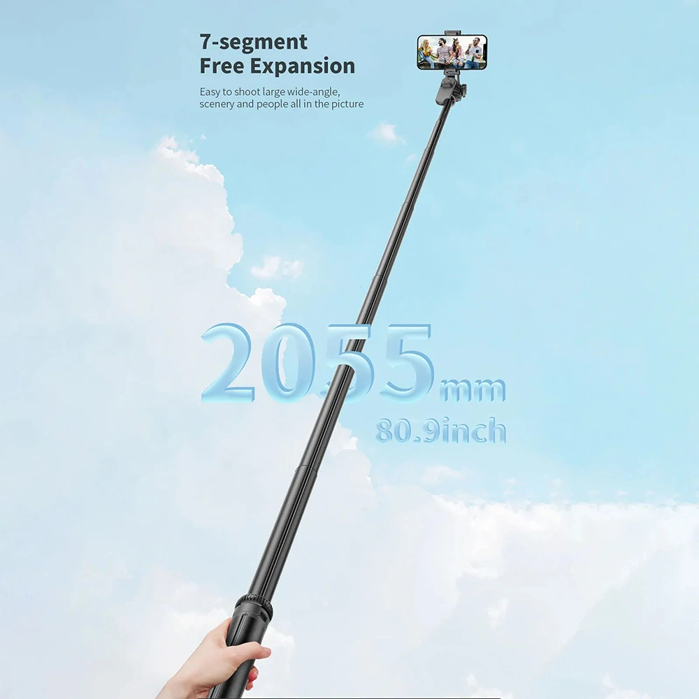 Selfie Techsuit (C05) – Velký nastavitelný stativ s dálkovým ovládáním Bluetooth, 360, hliníková slitina, 205 cm – černá