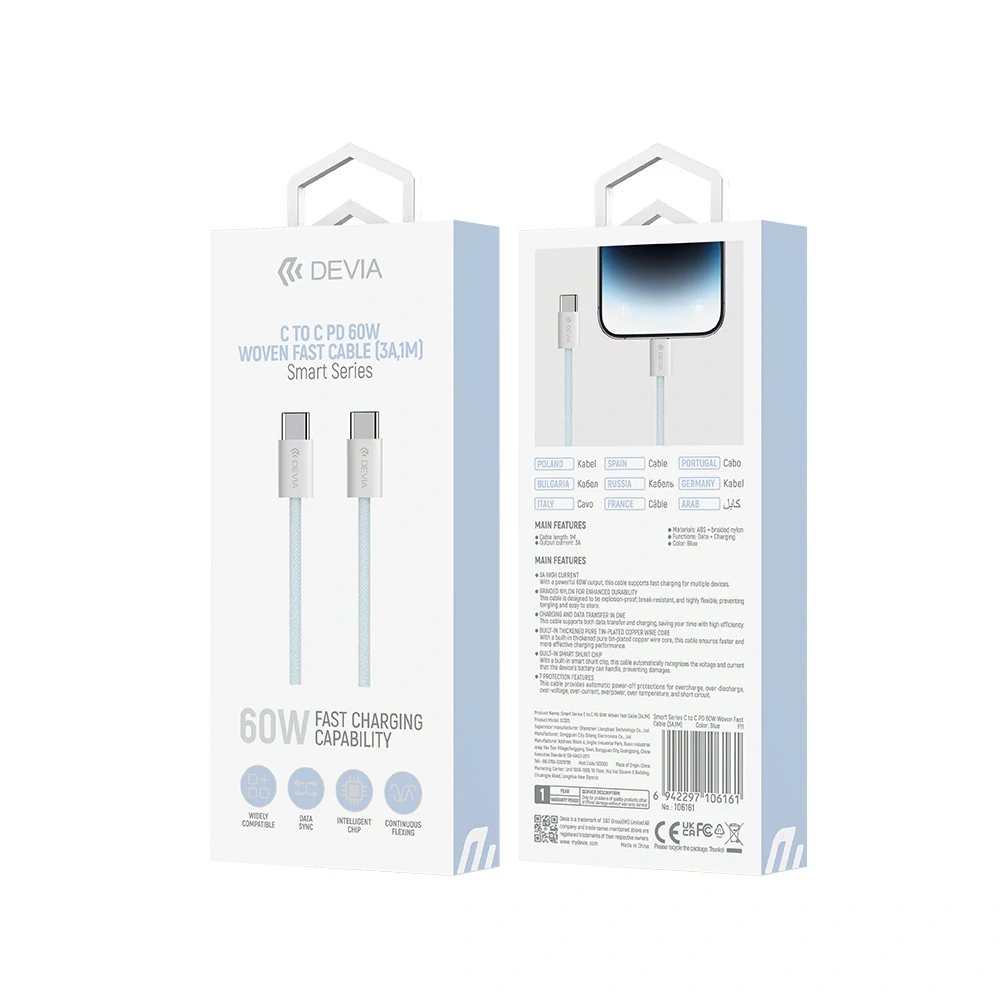 Datový kabel Devia Smart EC325 PD USB-C - USB-C 1,0 m 60W 3A modrý