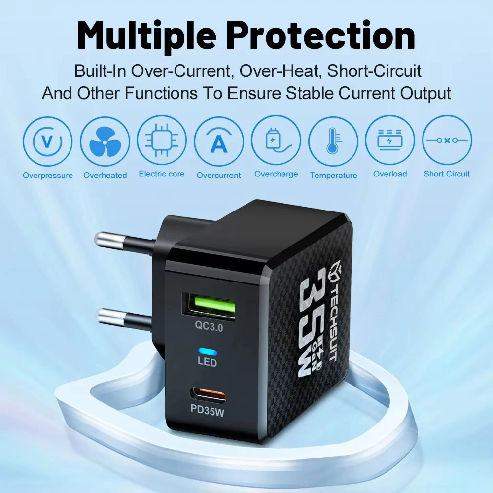 Nabíječka do sítě Techsuit Tiny Series - GaN, USB, Type-C, 35W - bílá