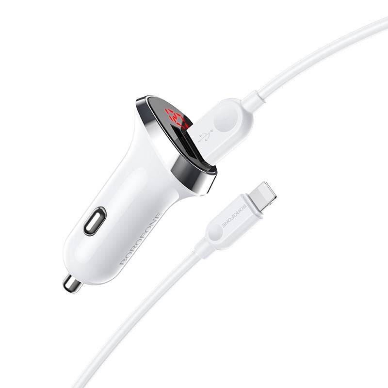 Nabíječka do auta 2,4A 2xUSB s LCD displejem + Lightning kabel 1m Borofone BZ15 bílá