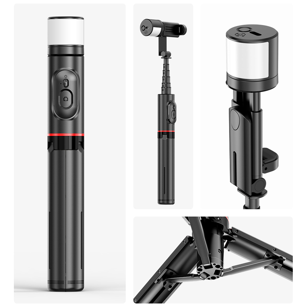 Selfie tyč Tripod Techsuit Q12S Stabilní držák na stativ s dálkovým ovládáním Bluetooth a LED světlem, 77 cm – černý