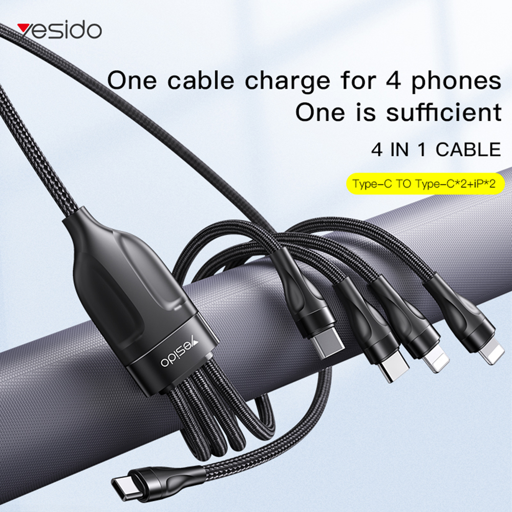 Datový kabel 4v1 Yesido (CA110) - Type-C to 2 x Lightning, 2 x USB-C, 1.2m, 4A - černý