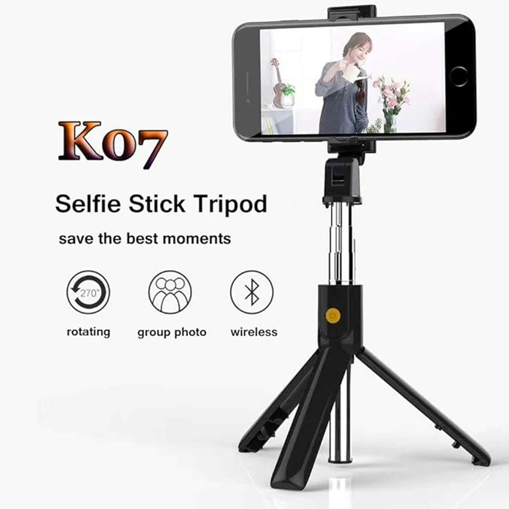 Selfie tyč Tripod Techsuit (K07) - Kompaktní držák na stativ s dálkovým ovládáním Bluetooth, skládací, 70 cm - černý