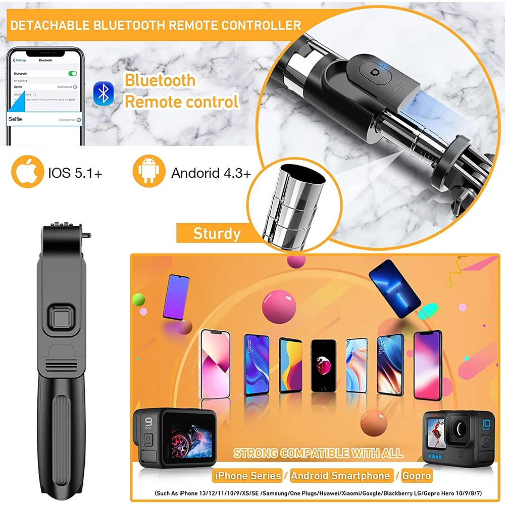 Selfie tyč Tripod Techsuit (L02) - Stabilní stativ s dálkovým ovládáním Bluetooth, kompatibilní s GoPro, otáčení o 360, 100 cm - černý
