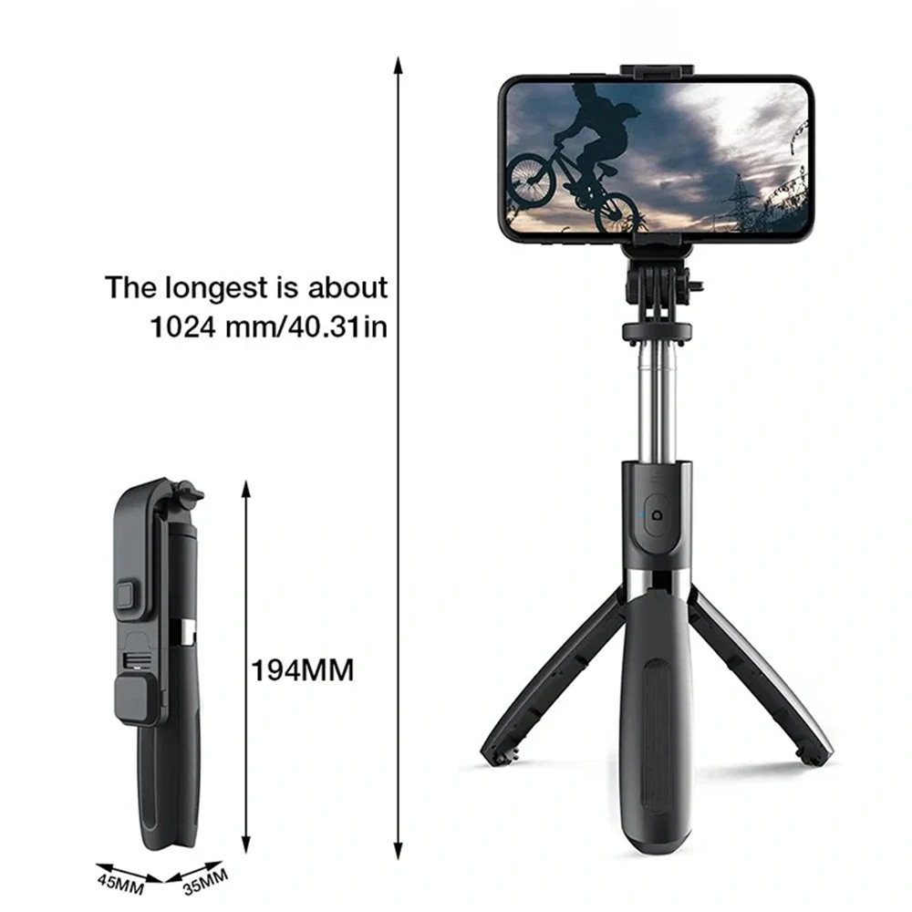 Selfie tyč Tripod Techsuit (L02s) - Stabilní stativ s dálkovým ovládáním Bluetooth a výplňovým světlem, nerezová ocel, 104 cm - černá