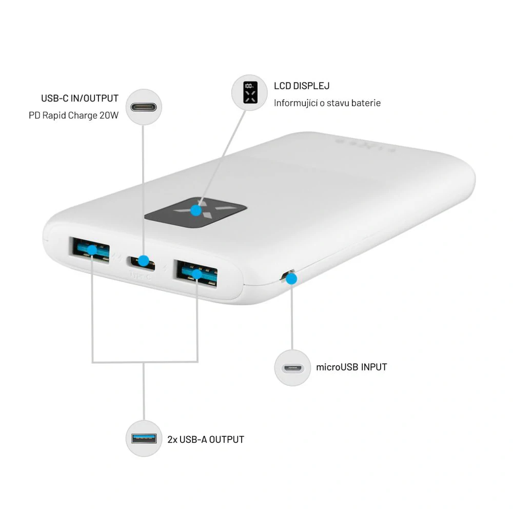 Powerbanka FIXED Zen 10 s LCD displejem a výstupem PD 20W, 10 000 mAh, bílá