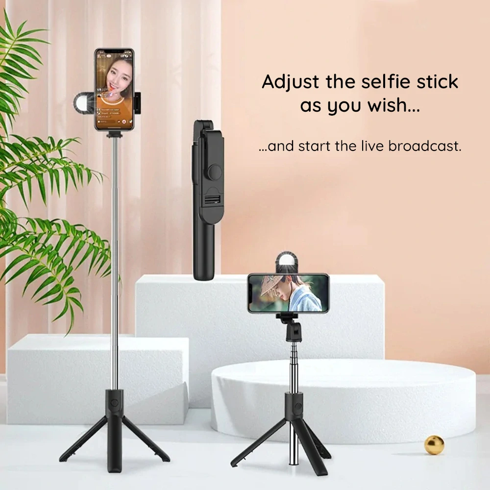 Selfie tyč Tripod Techsuit S05-S, dálkové ovládání, LED světlo, 105 cm - černá
