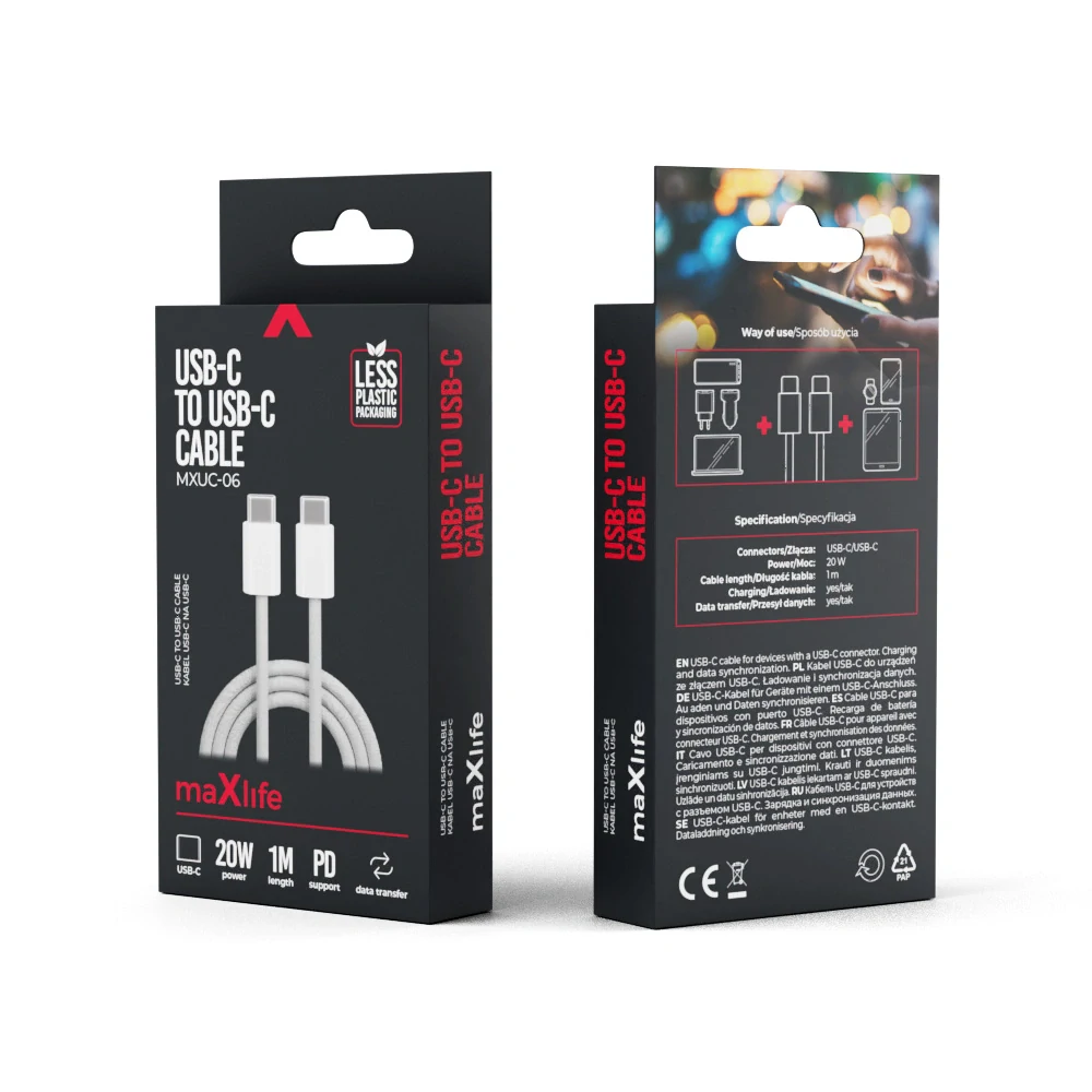 Datový kabel Maxlife MXUC-06 cable USB-C - USB-C 1,0 m 20W šedý nylon