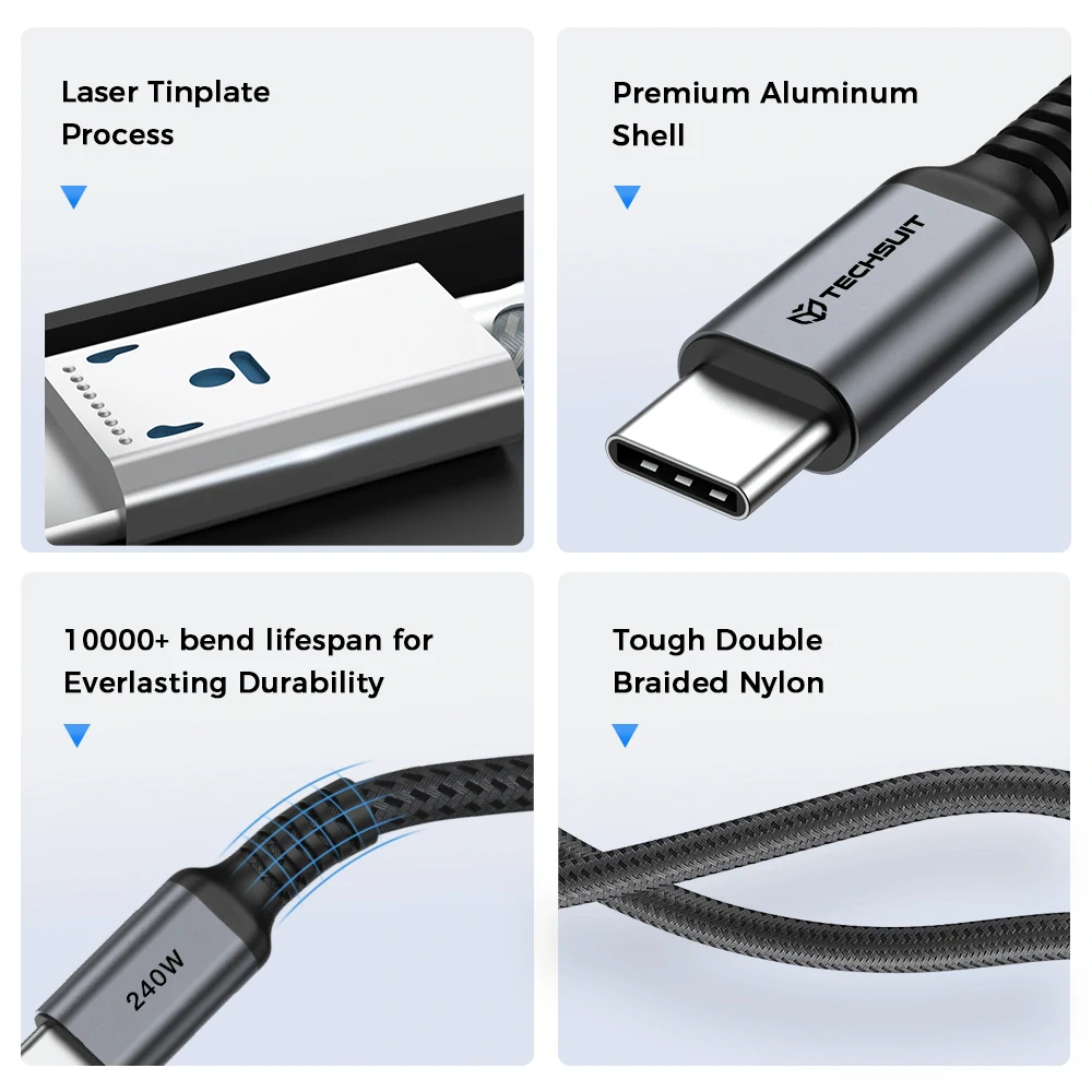 Datový kabel Techsuit TitanSync Pro (CX2) - Type-C na Type-C PD240W, 480Mbps, 1m - šedý