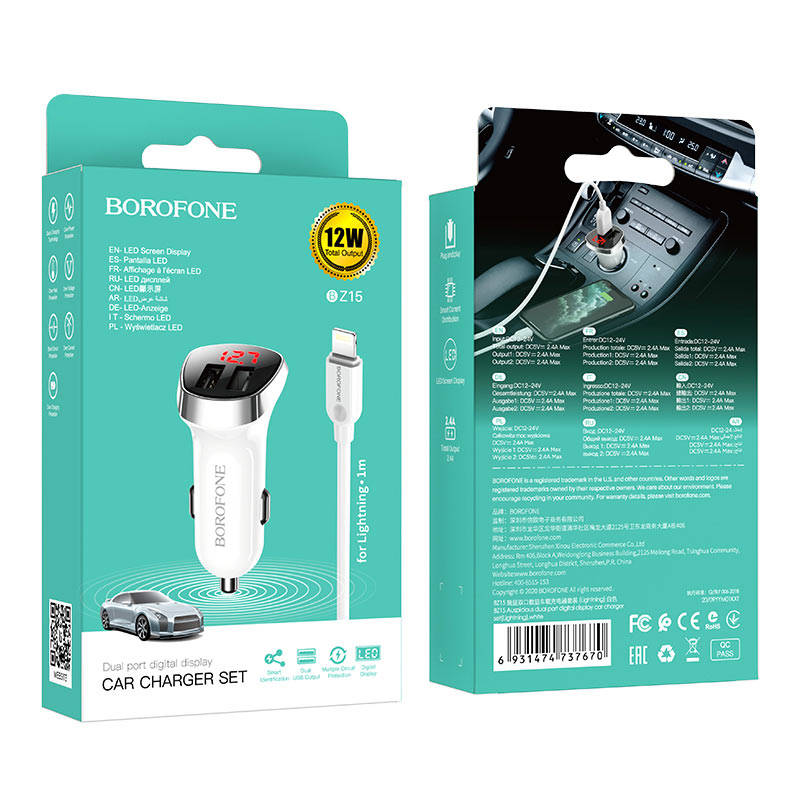 Nabíječka do auta 2,4A 2xUSB s LCD displejem + Lightning kabel 1m Borofone BZ15 bílá