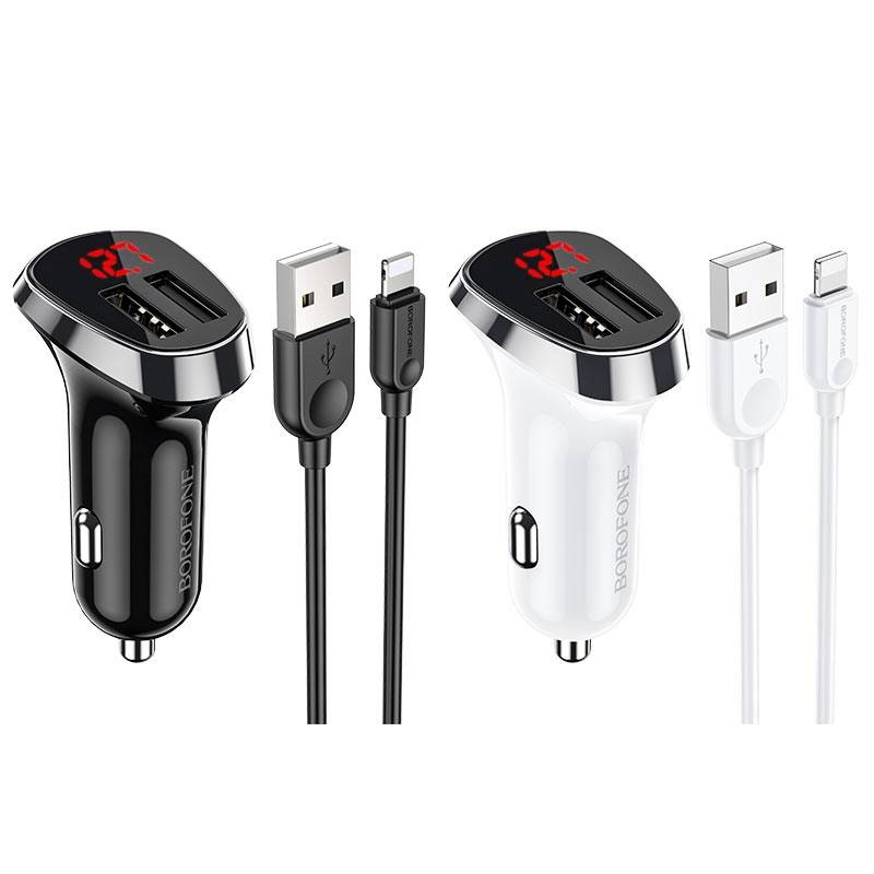 Nabíječka do auta 2,4A 2xUSB s LCD displejem + Lightning kabel 1m Borofone BZ15 černá