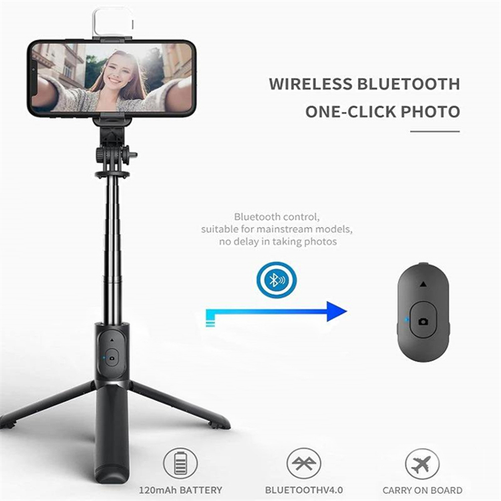 Selfie tyč Tripod Techsuit Q02S Skládací stabilní stativ s LED a dálkovým ovládáním Bluetooth, 105 cm - černý